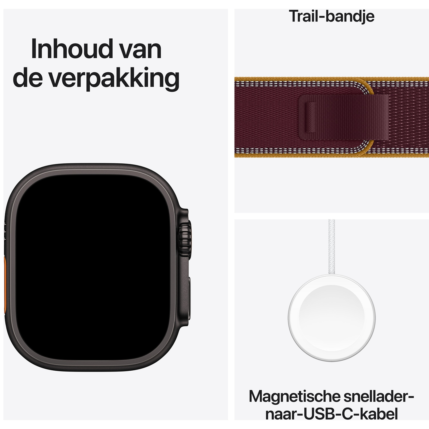 Inhoud verpakking: smartwatch, trail-bandje en magnetische snellader-naar-USB-C-kabel.