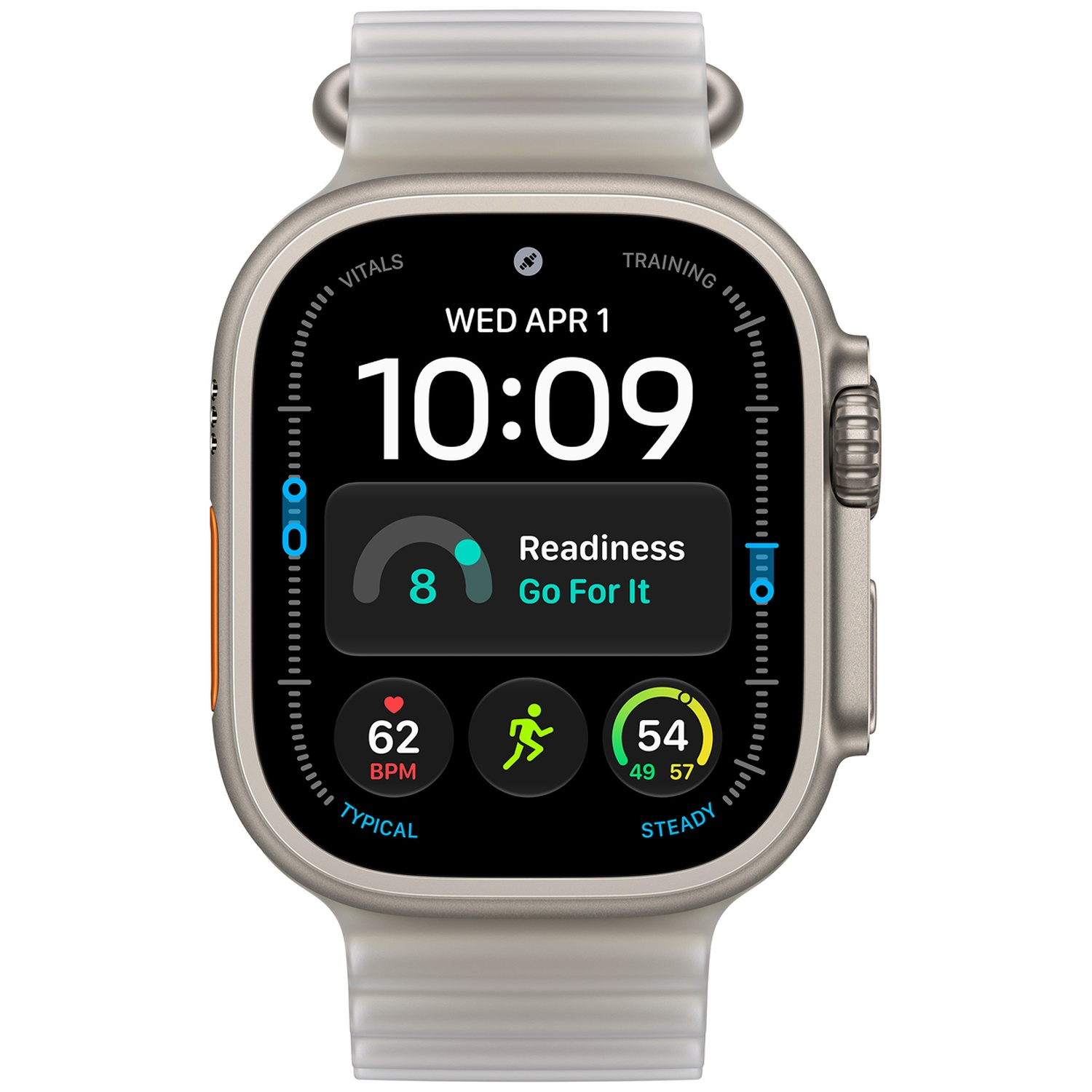 Een zilveren smartwatch met een digitale klok, activiteitsringen en fitnessgegevens op een zwart scherm.