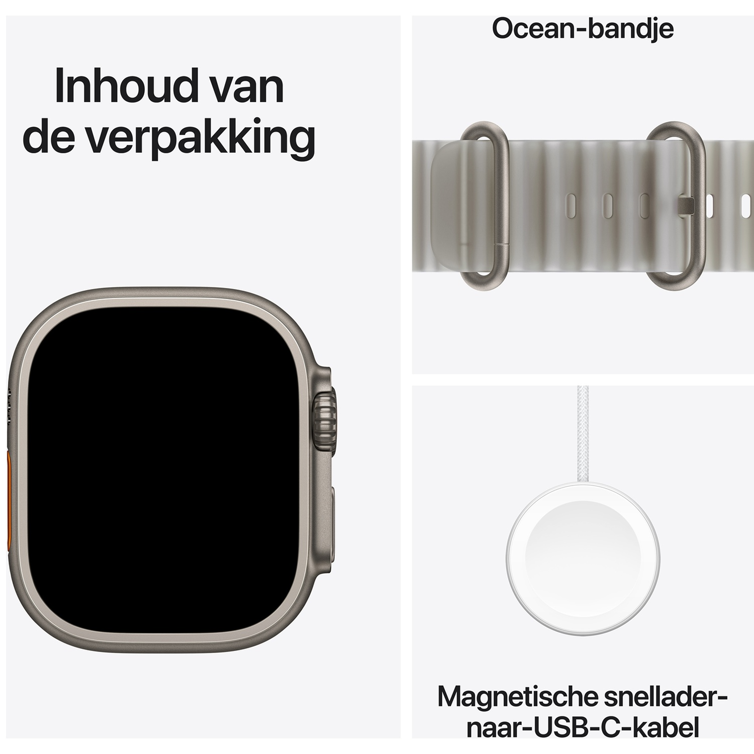 Inhoud verpakking: smartwatch, ocean-bandje en magnetische snellader-naar-USB-C-kabel.
