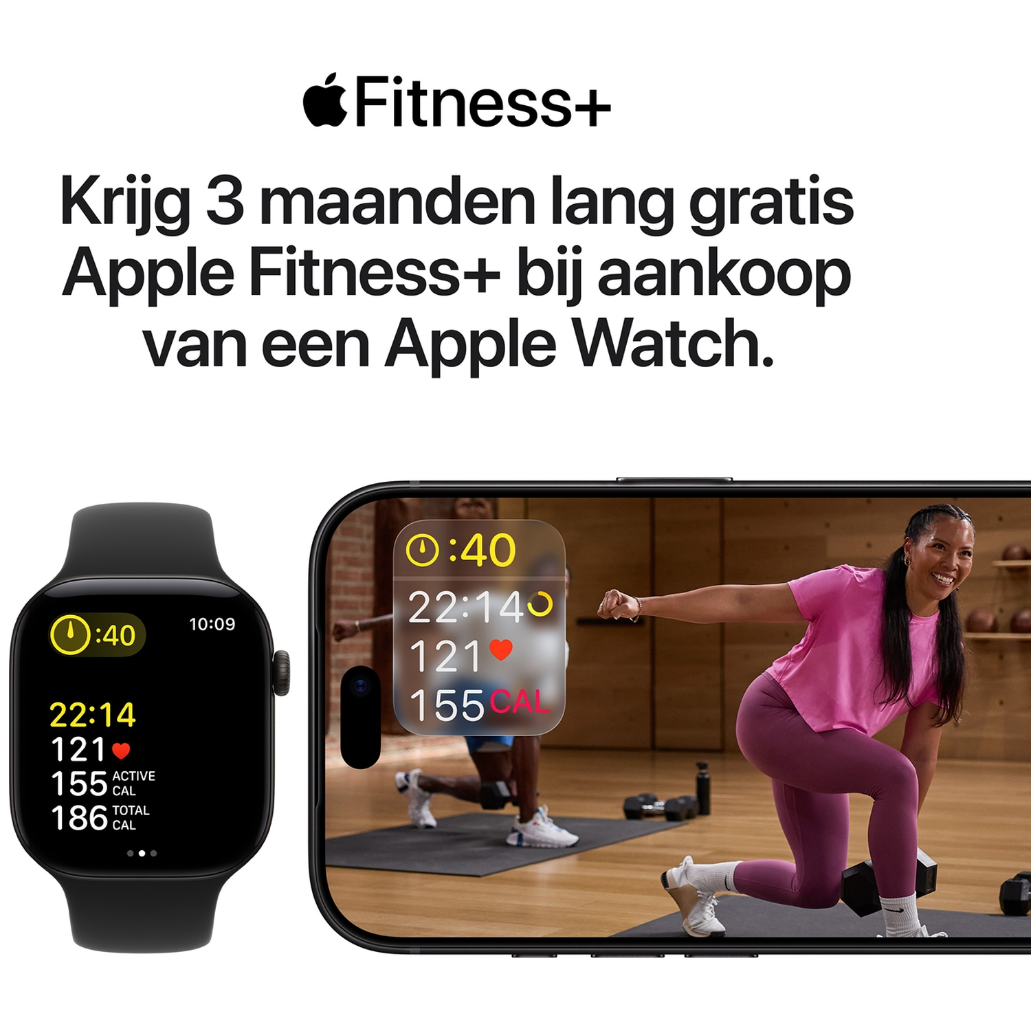 Apple Fitness+ promo met een Apple Watch en iPhone waarop een sportende vrouw is te zien.