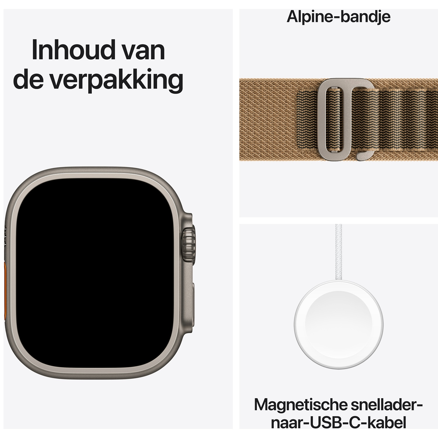 Inhoud van de verpakking: een smartwatch, een bruine Alpine-band en een magnetische snellader naar USB-C-kabel.
