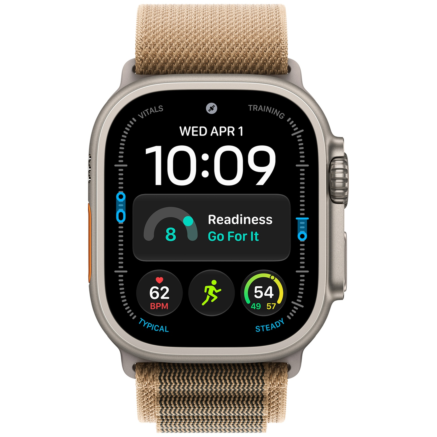 Een smartwatch met een beige stoffen band toont de tijd, hartslag en activiteitsgegevens op het zwarte scherm.