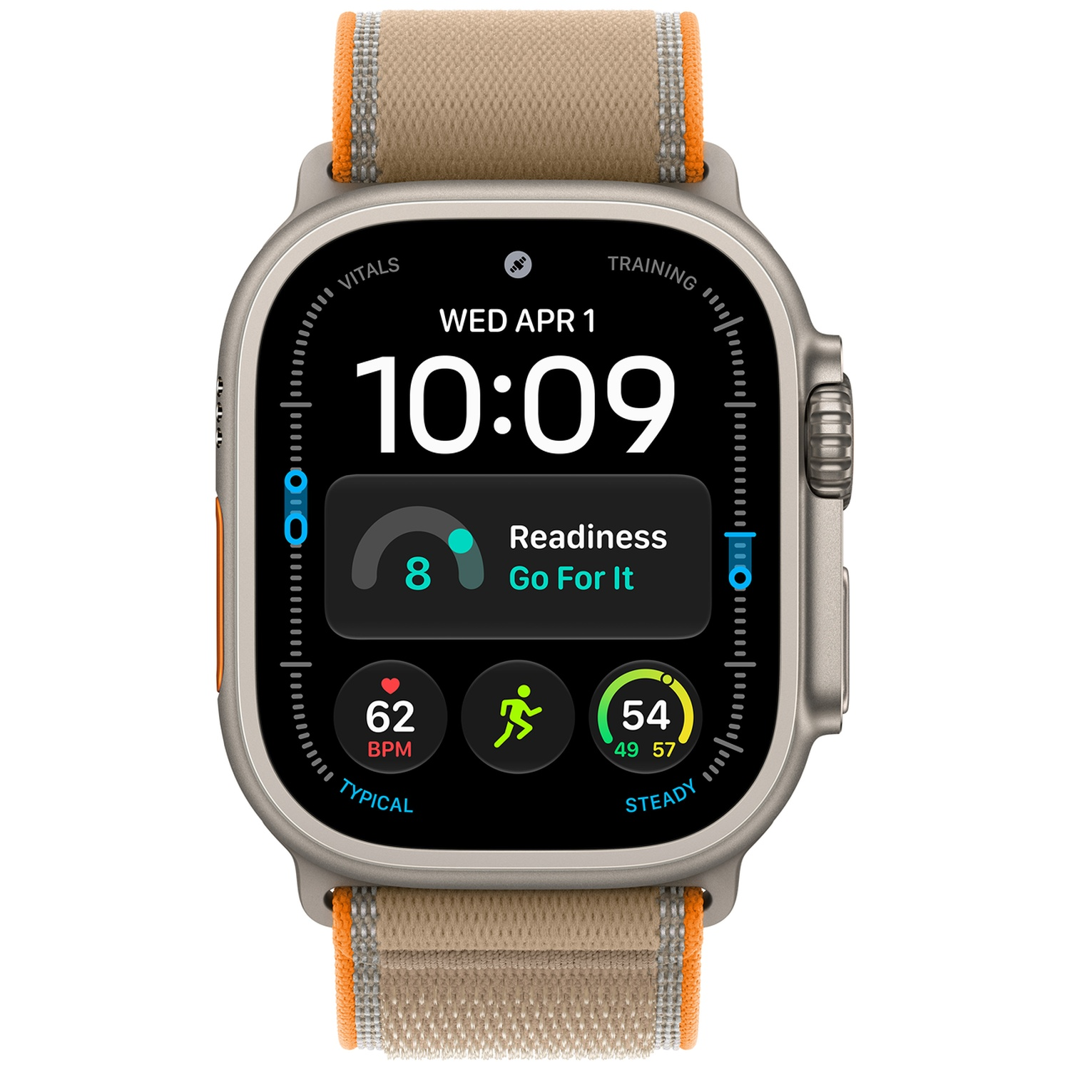 Een smartwatch met beige stoffen band, zwart display, digitale tijd 10:09 en fitnessstatistieken.