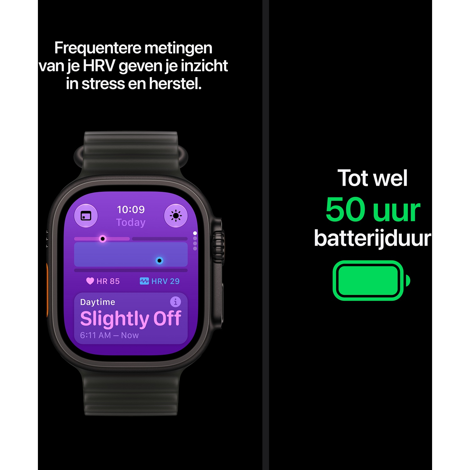 Een zwarte smartwatch met paars scherm toont gezondheidsgegevens en tekst op een zwarte achtergrond.