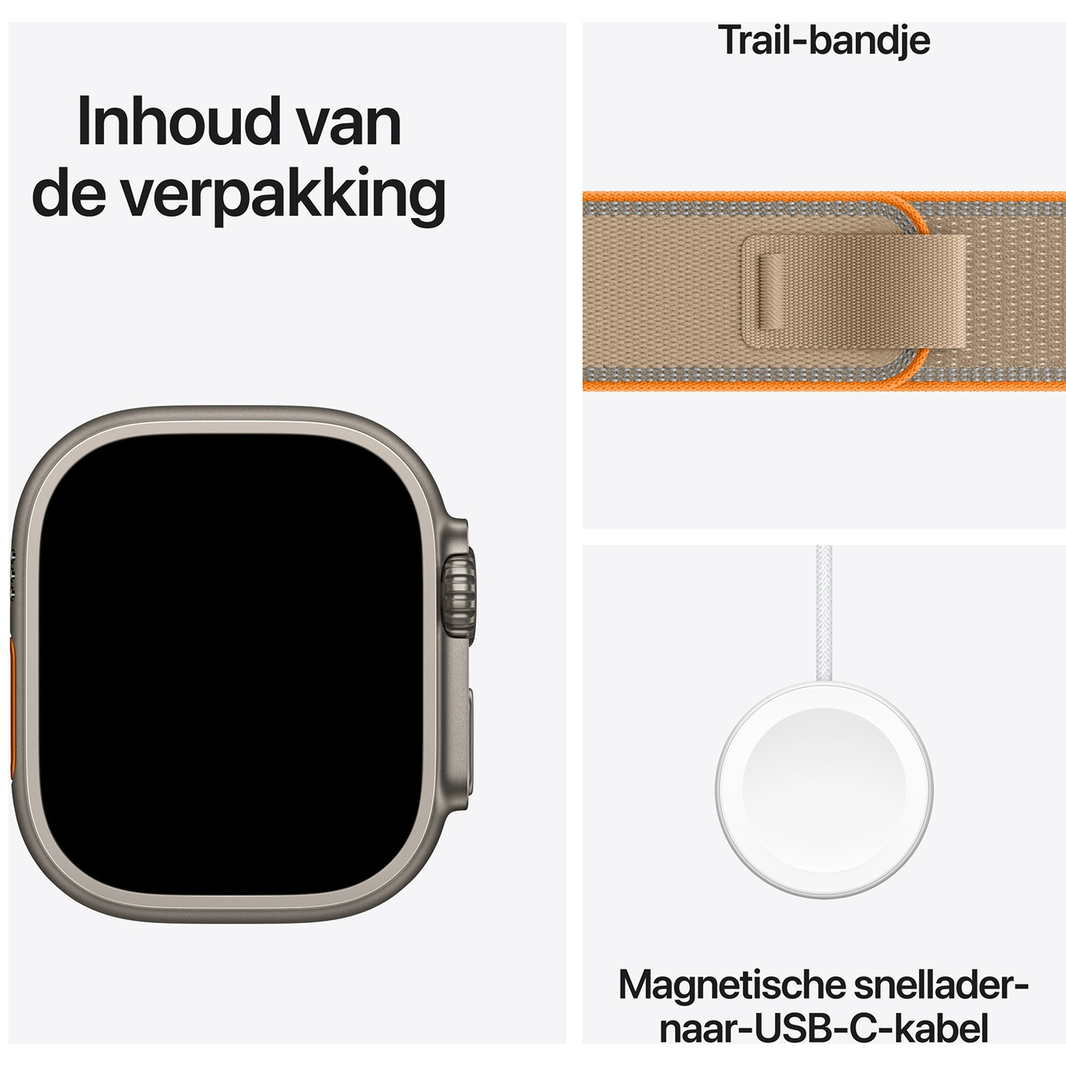 Inhoud van de verpakking met smartwatch, beige trail-bandje en magnetische snellader naar USB-C-kabel.
