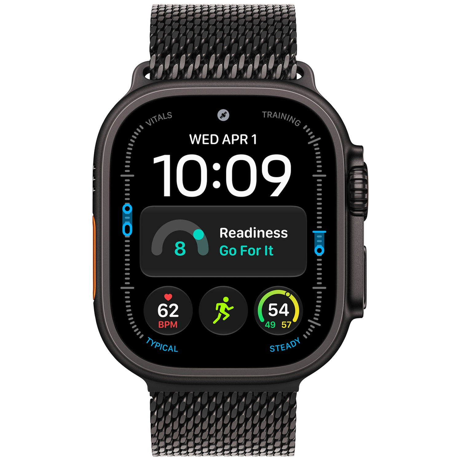 Een zwarte smartwatch met metalen mesh band toont 10:09, gereedheidsscore, hartslag en trainingsgegevens.