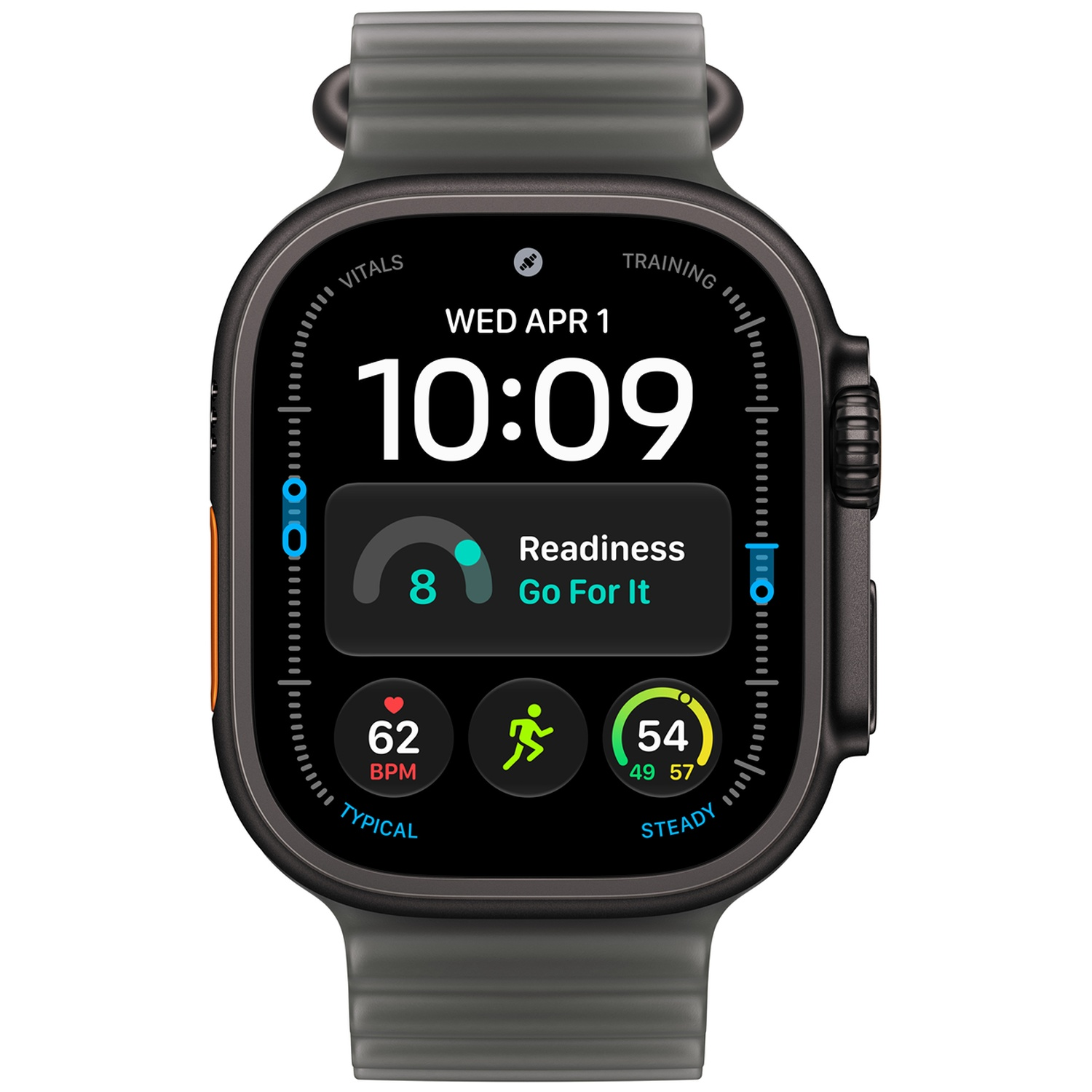 Een donkere smartwatch toont 10:09, wo 1 apr, gereedheidsscore 8, hartslag 62 BPM en fitnessstats.