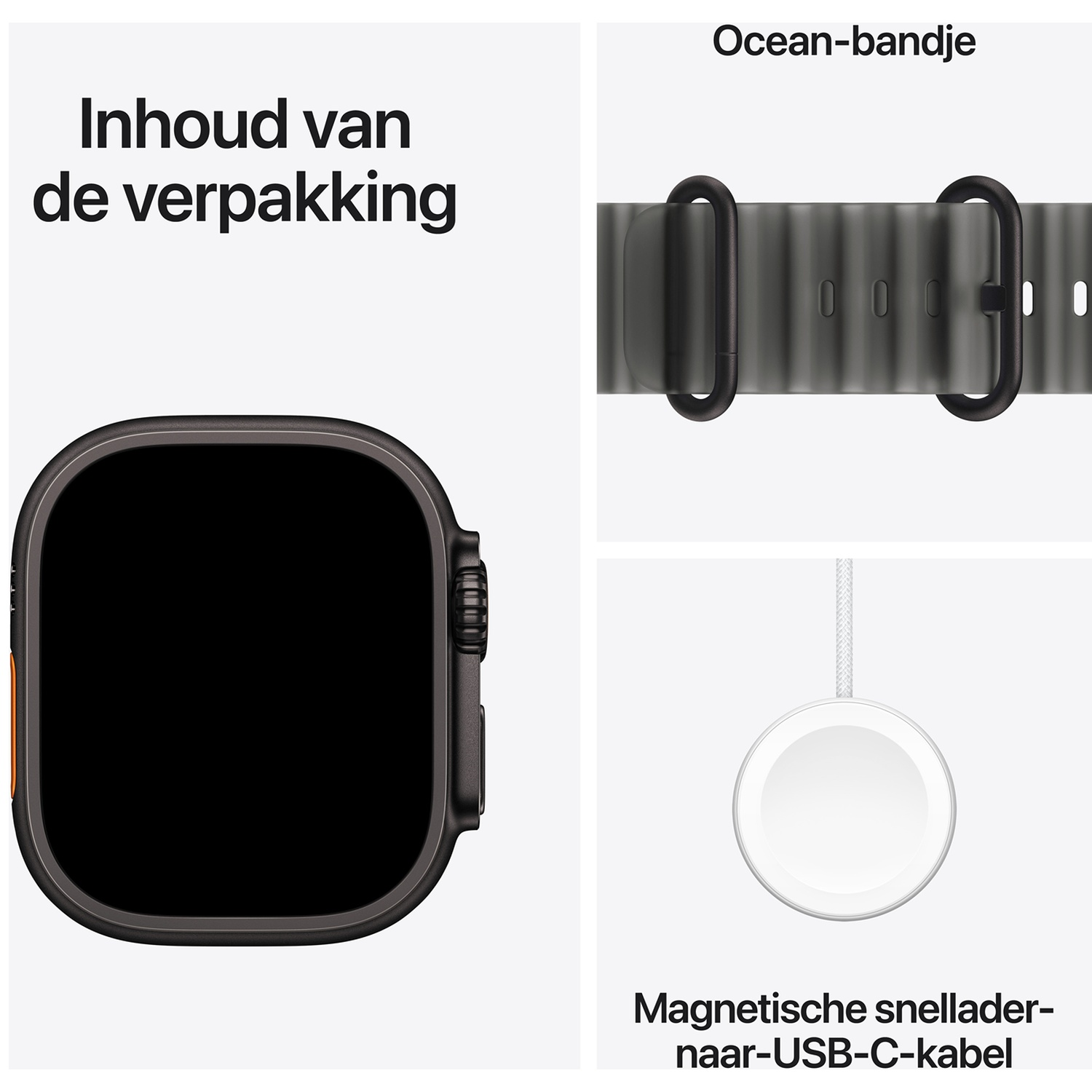 Inhoud van de verpakking: een smartwatch, een Ocean-bandje en een magnetische snellader-naar-USB-C-kabel.