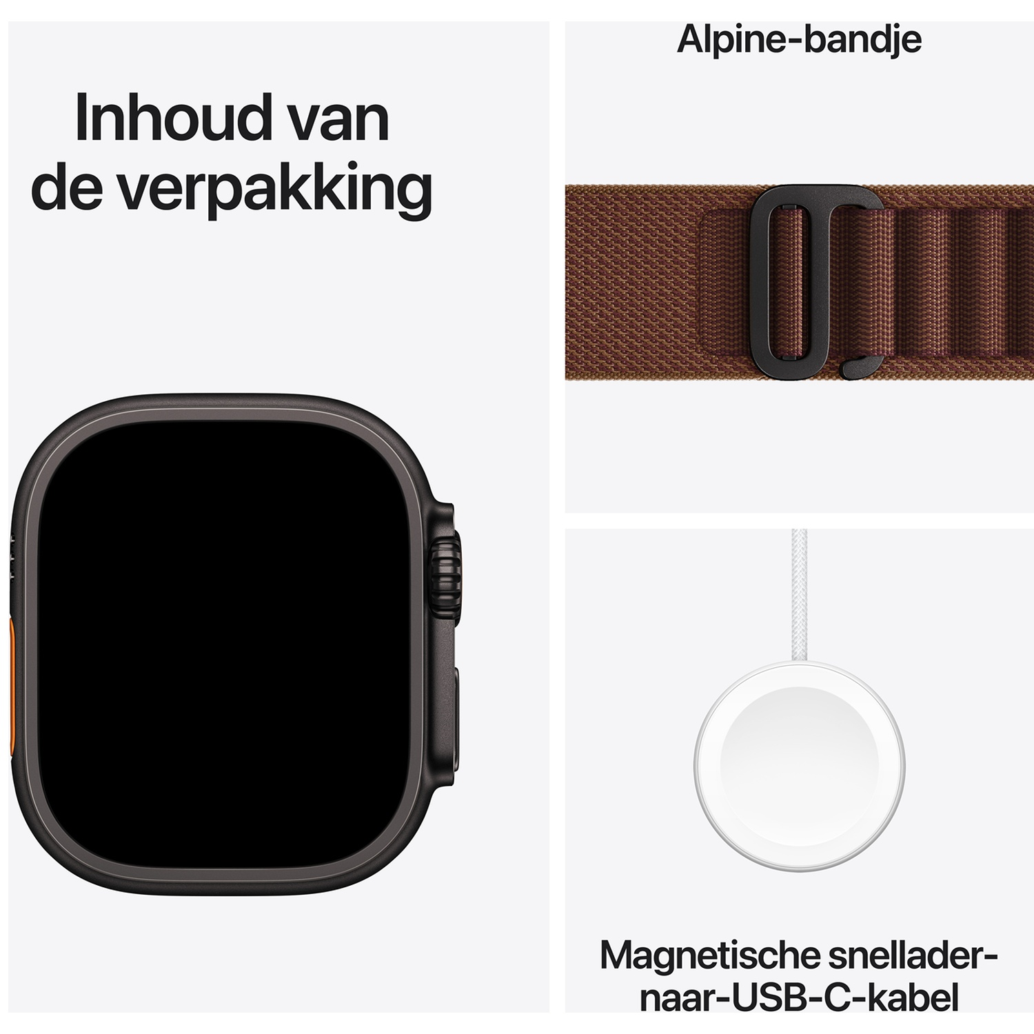 Inhoud van de verpakking met zwarte smartwatch, bruine band en oplaadkabel.