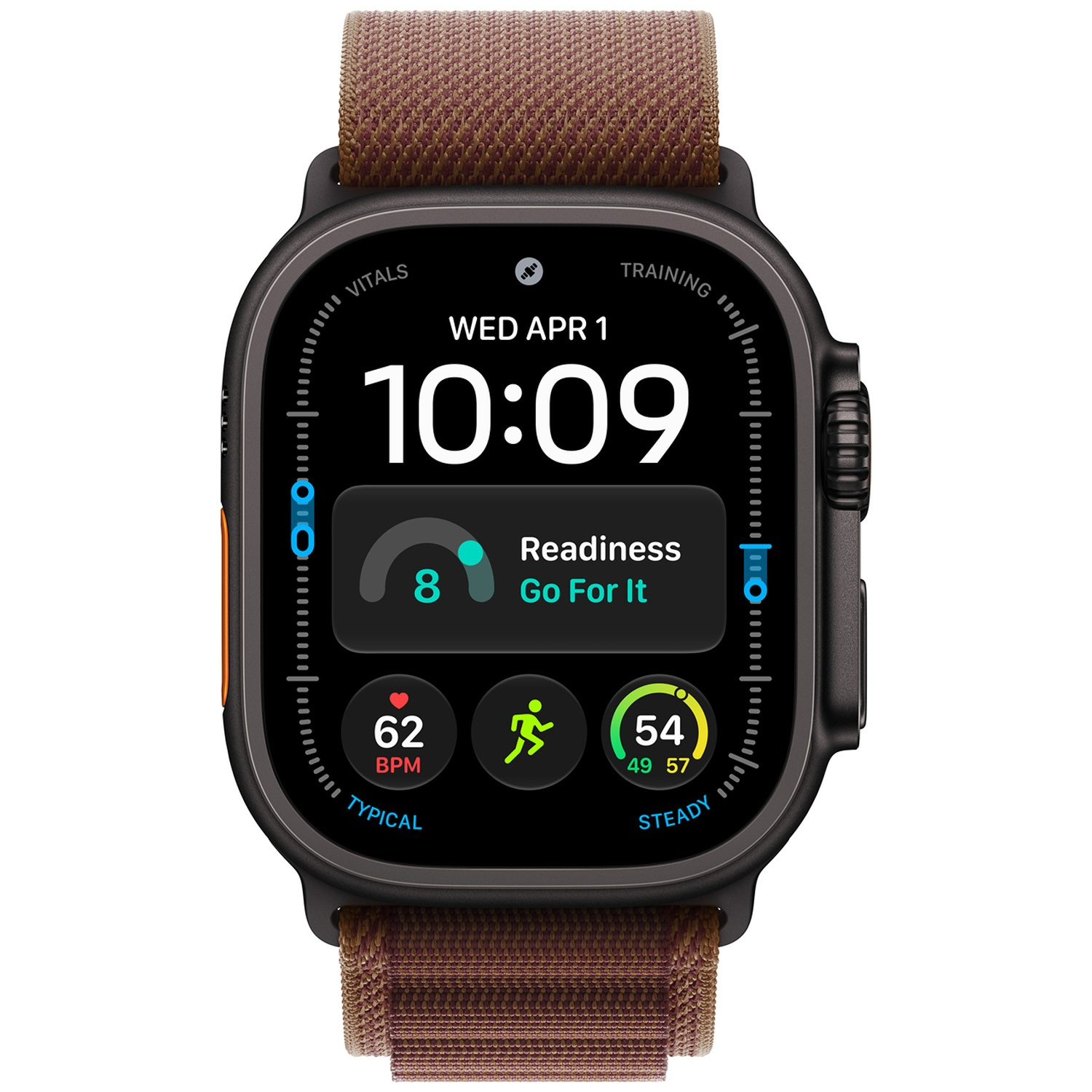 Een zwarte smartwatch met een bruine stoffen band toont de tijd 10:09 en fitnessgegevens op het scherm.