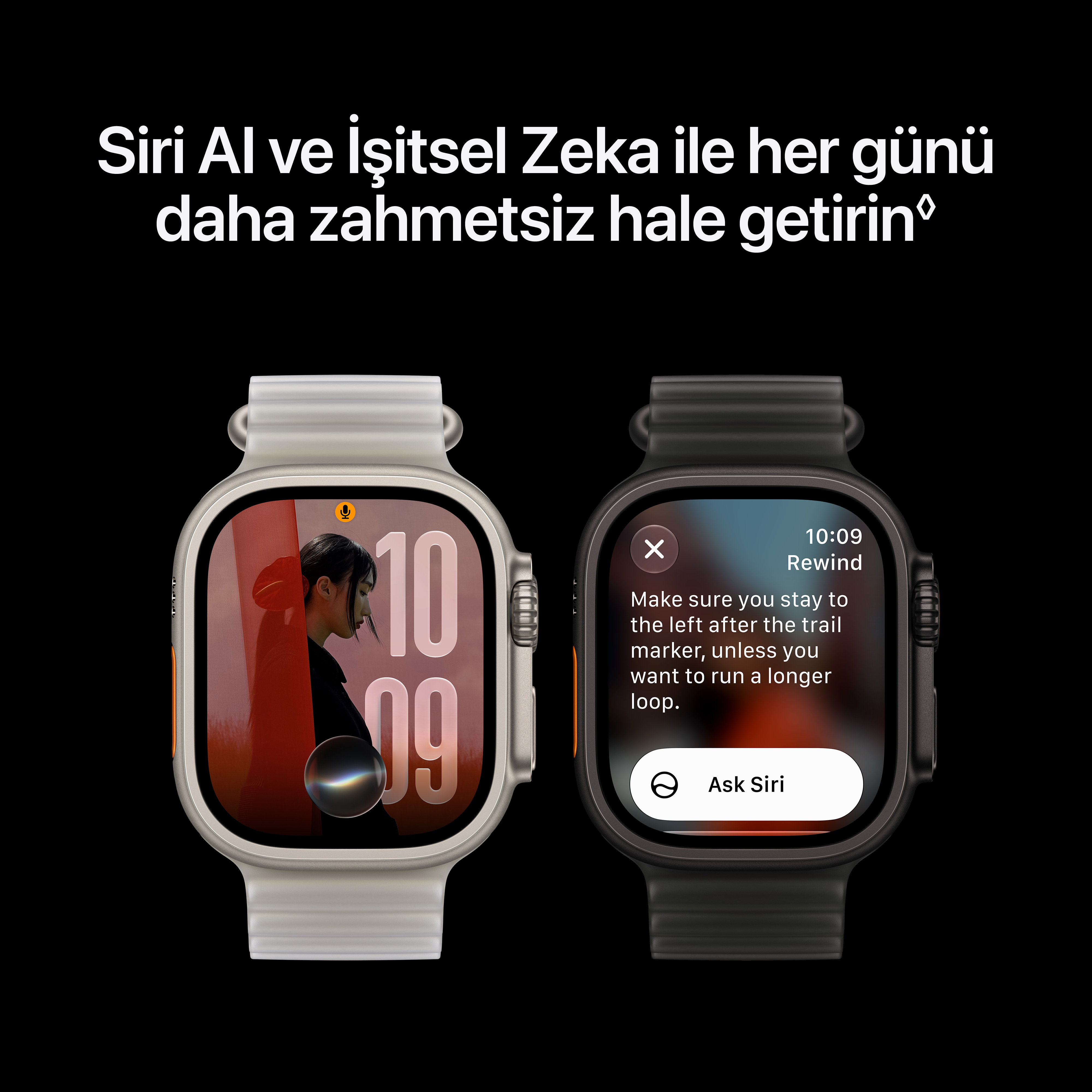 Siyah arka planda Siri arayüzü ve metin bildirimleri gösteren iki akıllı saat.