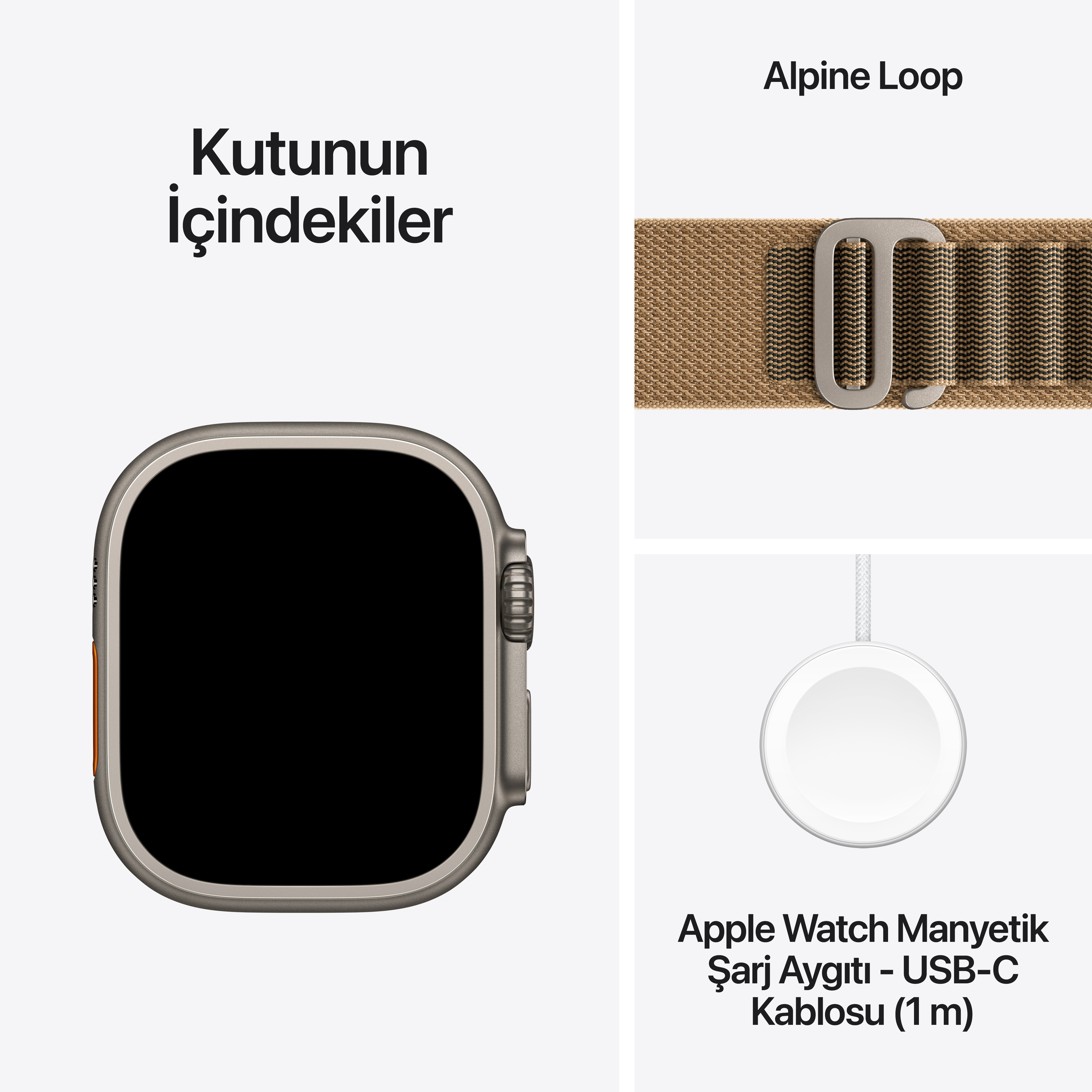 Kutunun içindekiler: Apple Watch kasası, Alpine Loop kordon ve manyetik USB-C şarj kablosu.
