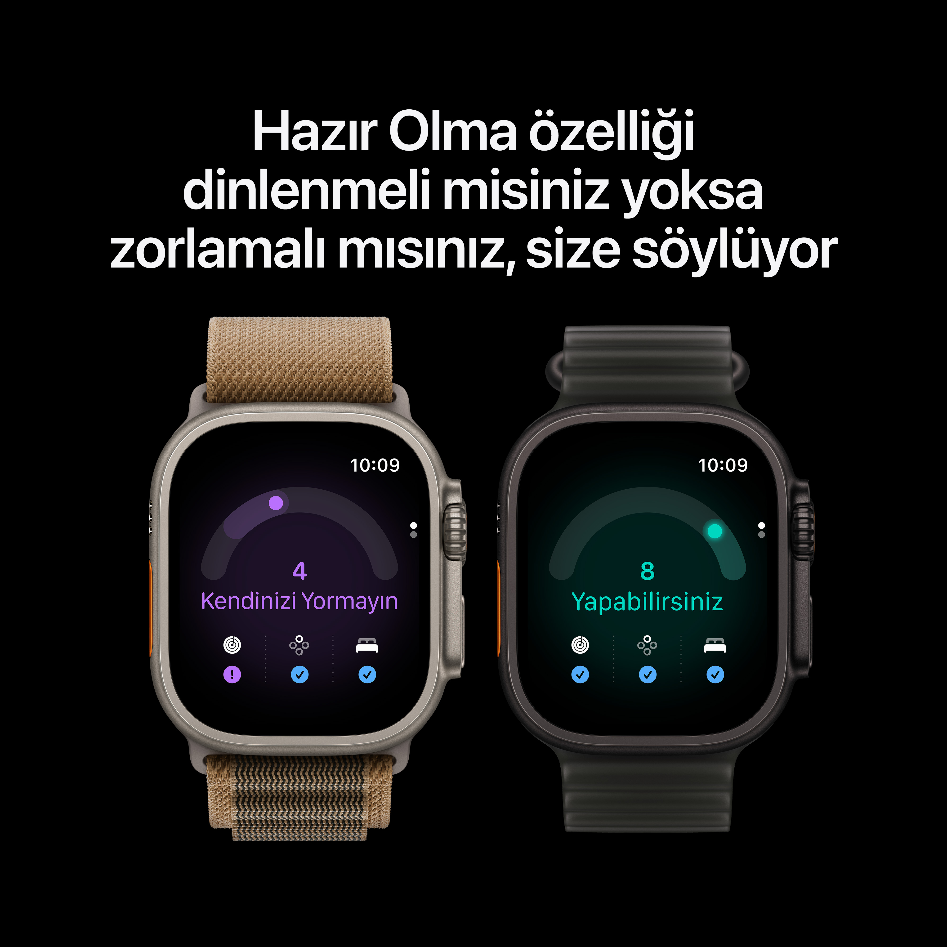 Siyah arka planda iki akıllı saat, ekranlarında fitness ve toparlanma skorlarını gösteriyor.