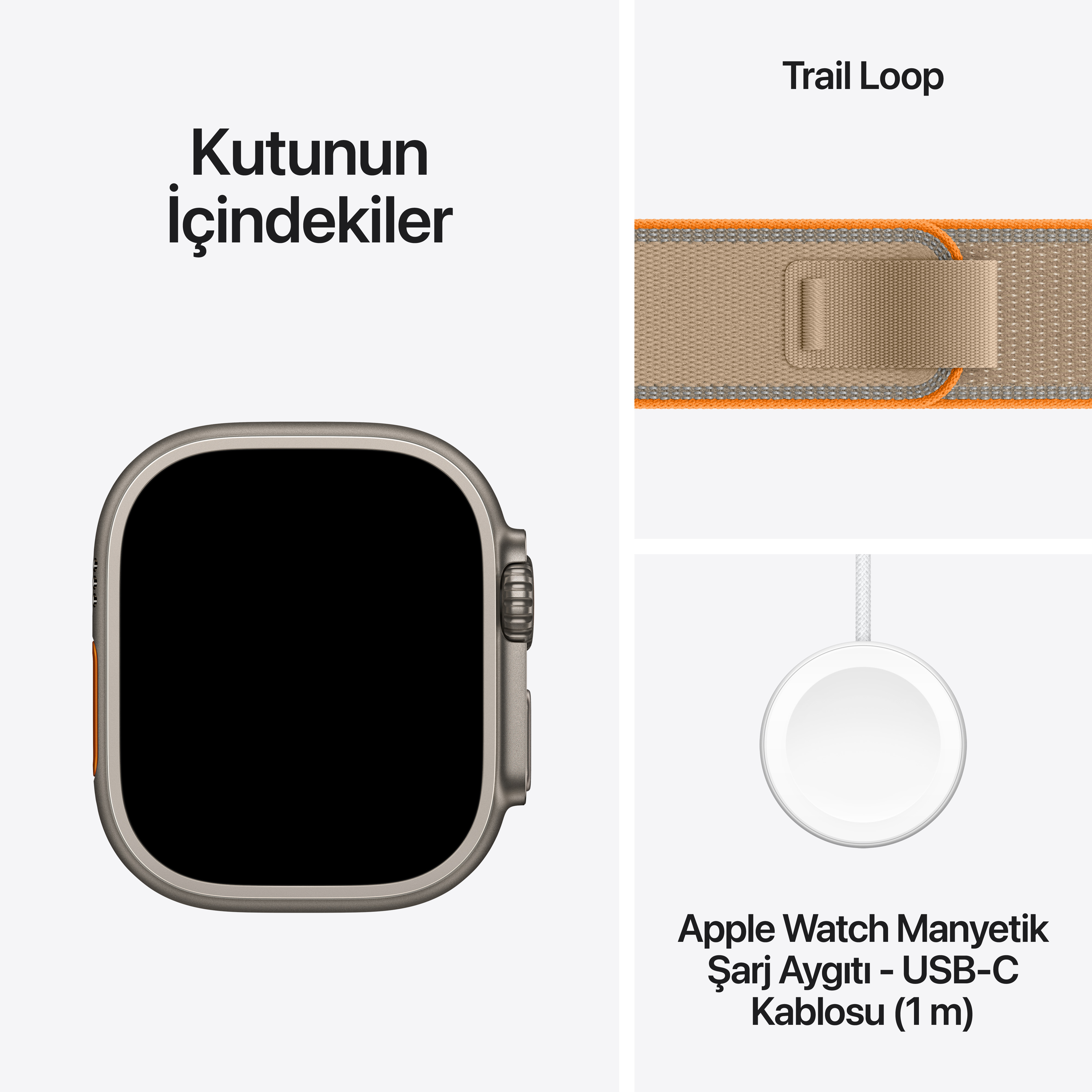 Trail Loop ve USB-C kablosuyla Apple Watch Ultra kutusunun içindekiler.