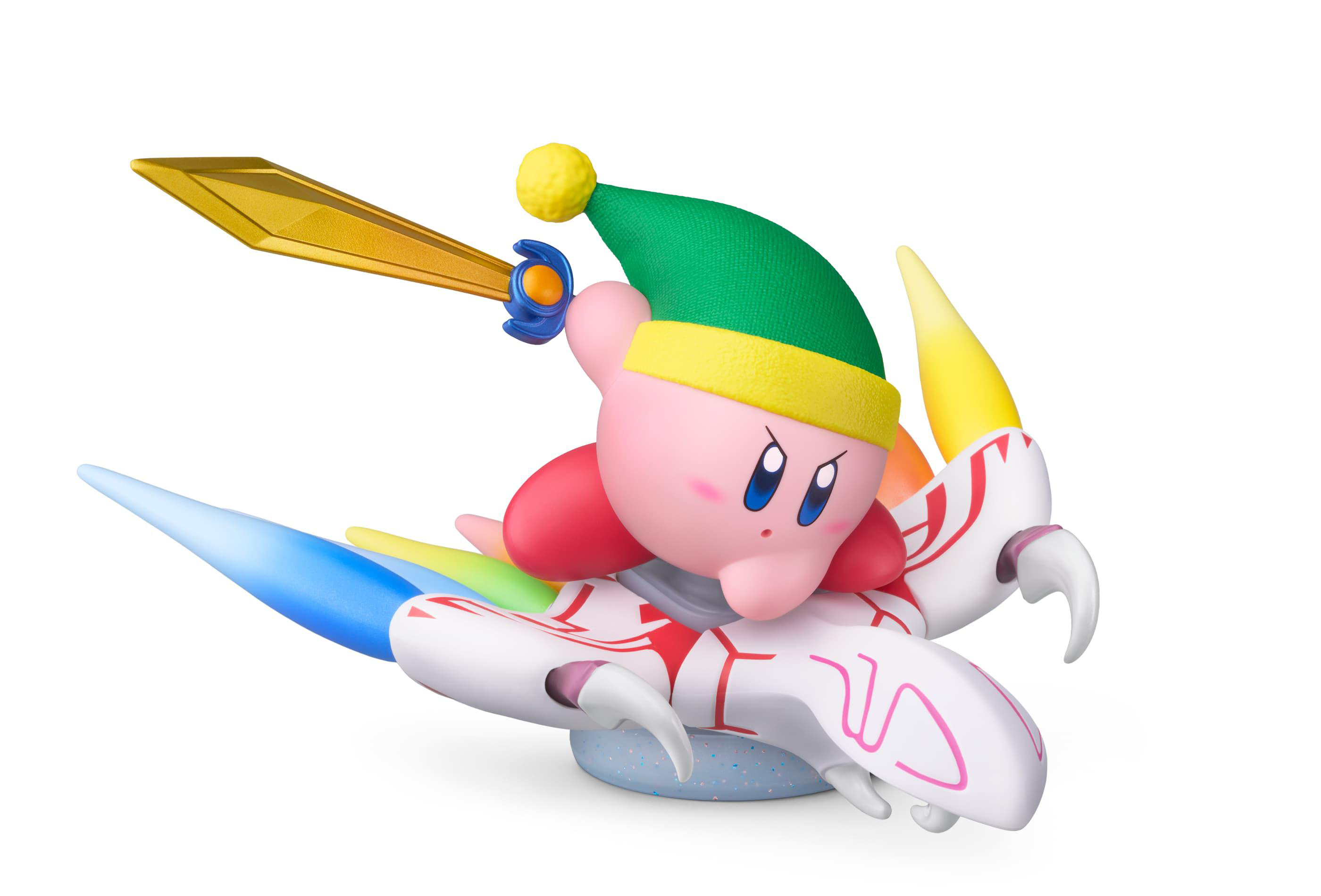 Eine rosa Kirby-Figur mit grünem Hut, Schwert und einer bunten Warp-Stern-Basis.