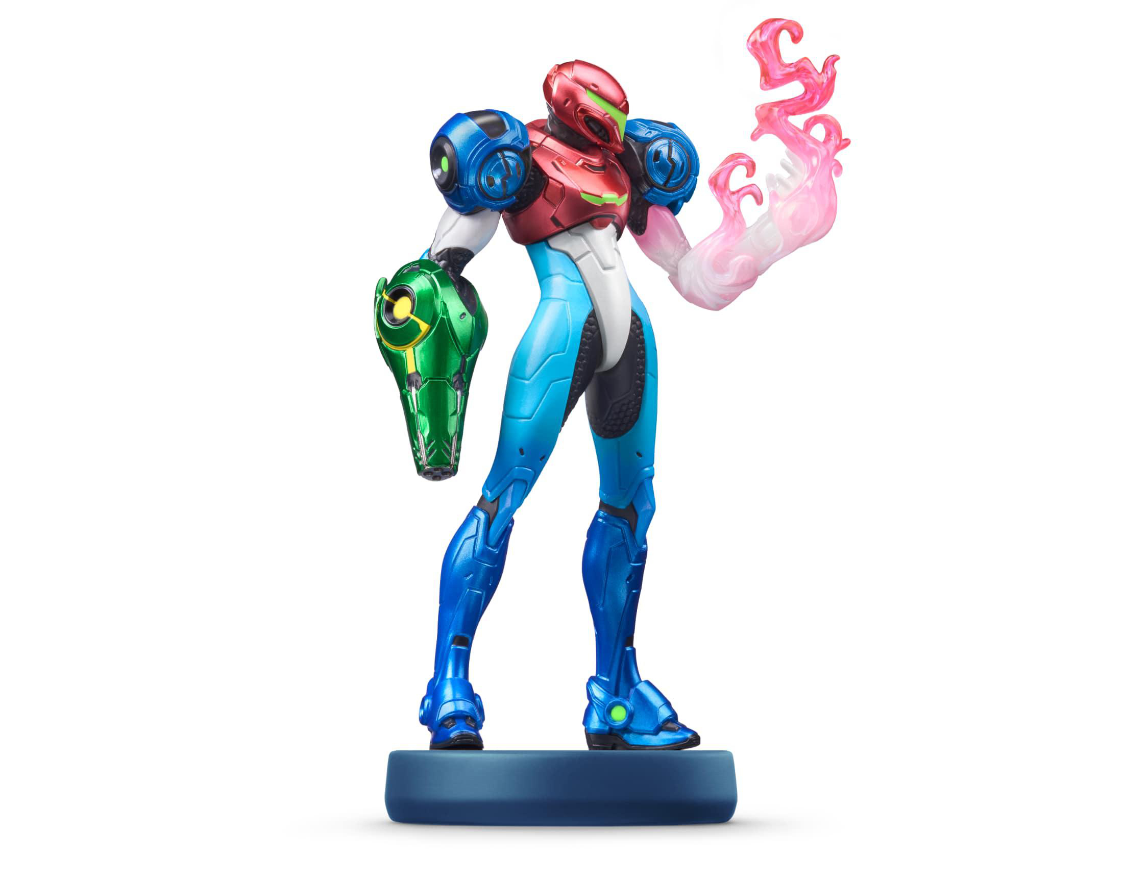 Samus Aran Figur in blau-roter Rüstung mit grünem Armcannon und rosafarbenem Energieeffekt.