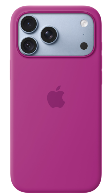 Różowe etui na iPhone'a z trzema aparatami w prostokątnym module i logo Apple pośrodku.