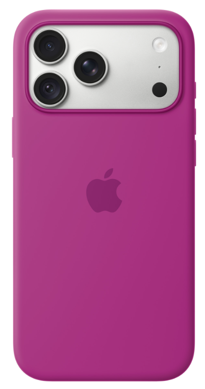 Tył różowego etui na iPhone'a z trzema aparatami u góry i logo Apple pośrodku.