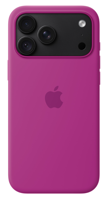 Tył różowego smartfona w etui z trzema aparatami i logo Apple.