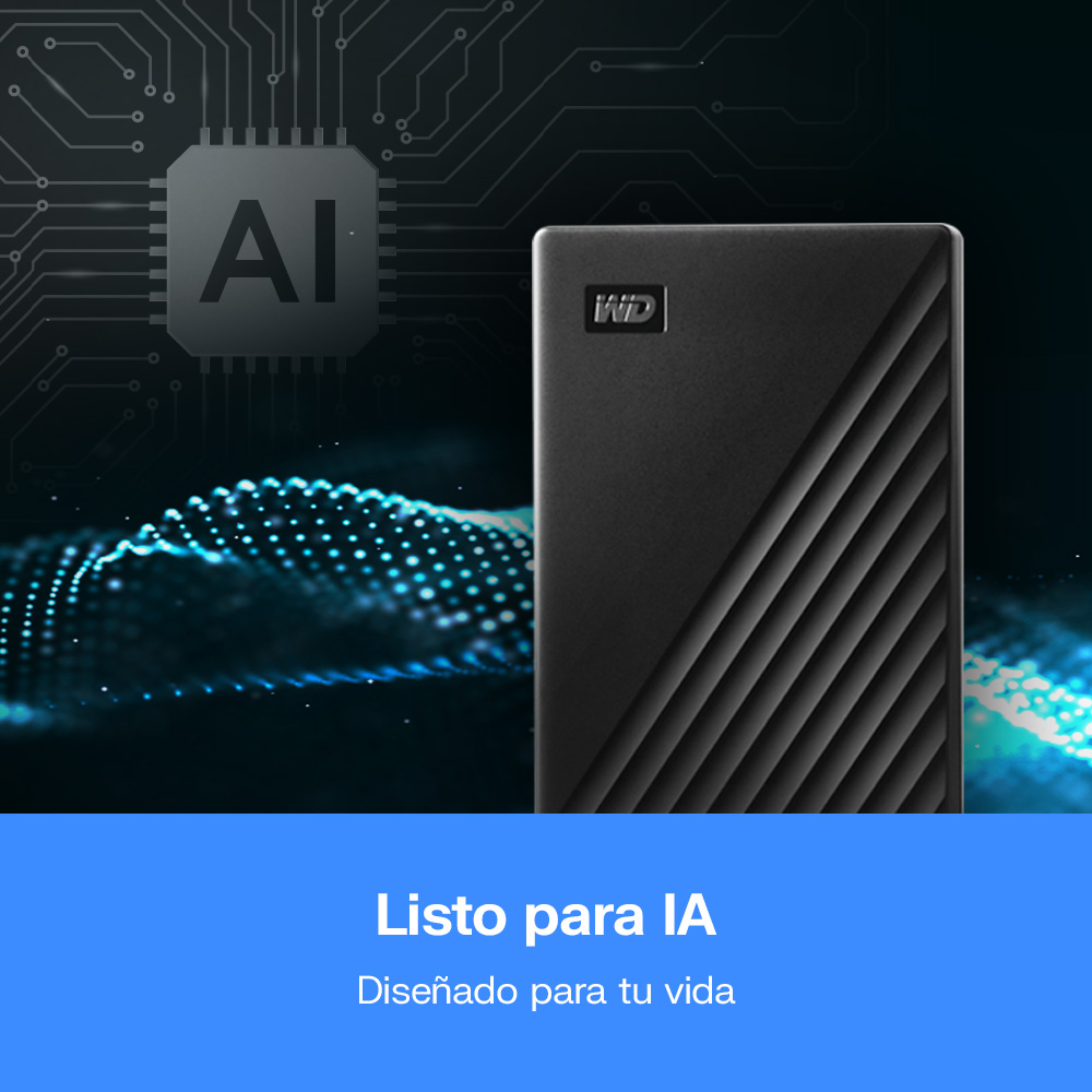 Disco duro WD negro sobre fondo con icono de IA y ondas de luz azul.