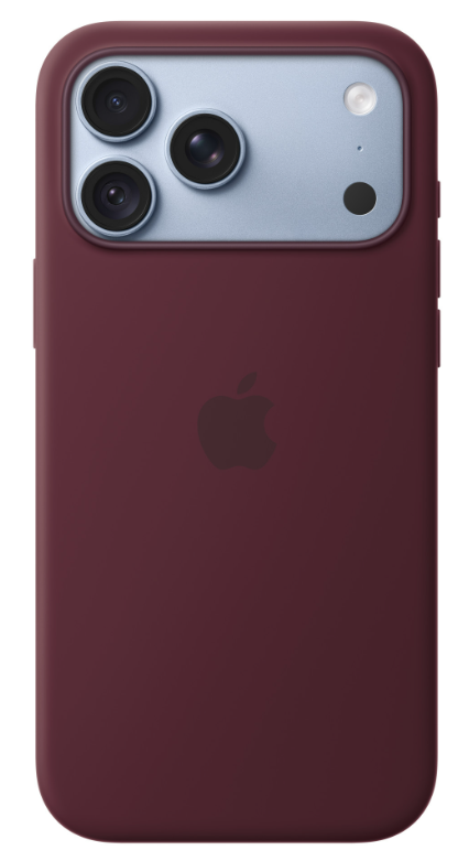 Tył czerwonego smartfona z potrójnym modułem aparatu i logo Apple.