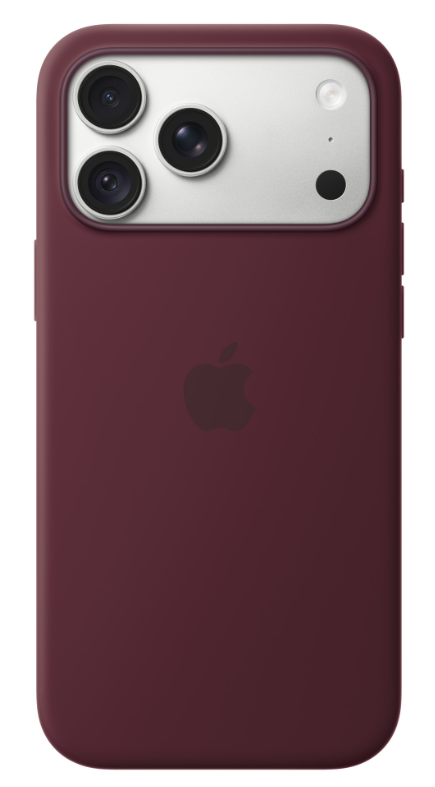 Bordowe etui na iPhone'a z logo Apple i srebrnym prostokątnym modułem aparatu.