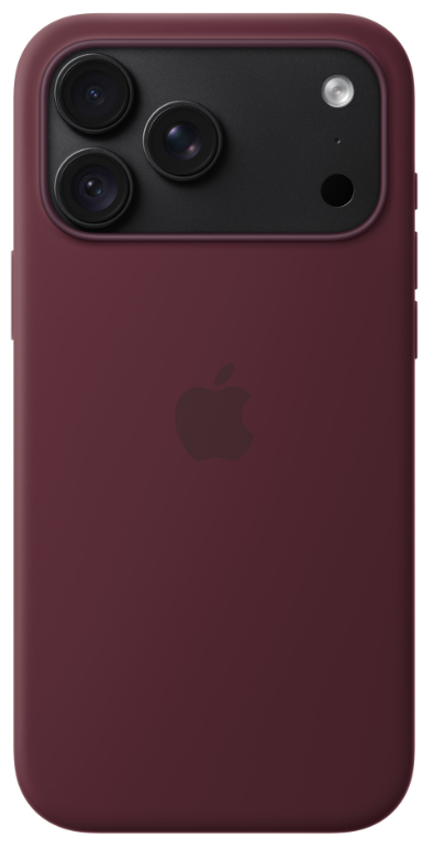 Tył czerwonego smartfona z potrójnym aparatem i logo Apple.