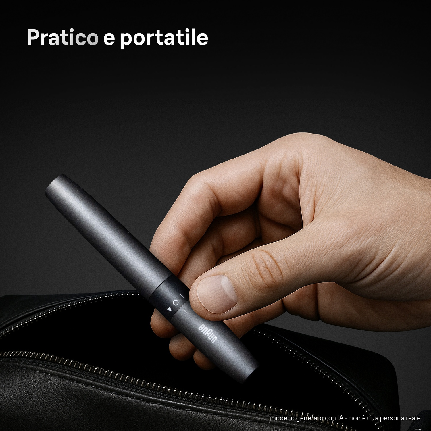 Una mano ripone un dispositivo Braun nero a forma di penna in una borsa di pelle aperta.