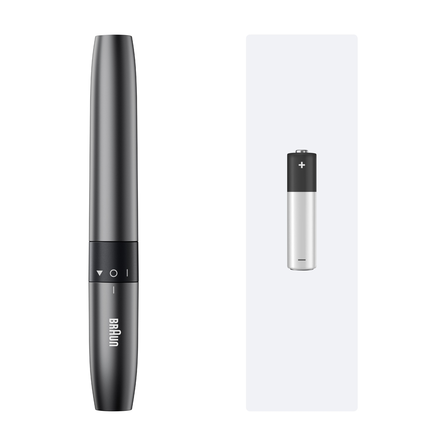 Un rifinitore Braun grigio e una singola batteria AA su sfondo bianco.