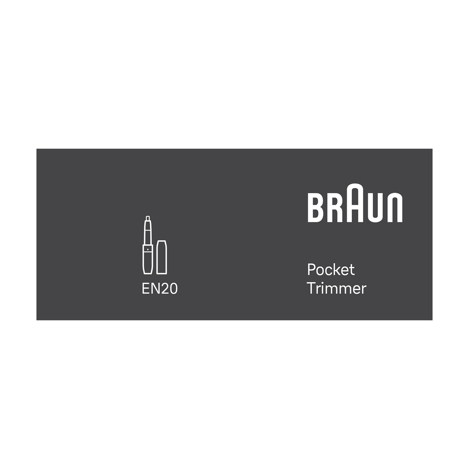 Confezione del prodotto Braun Pocket Trimmer EN20 con sfondo grigio e testo bianco.