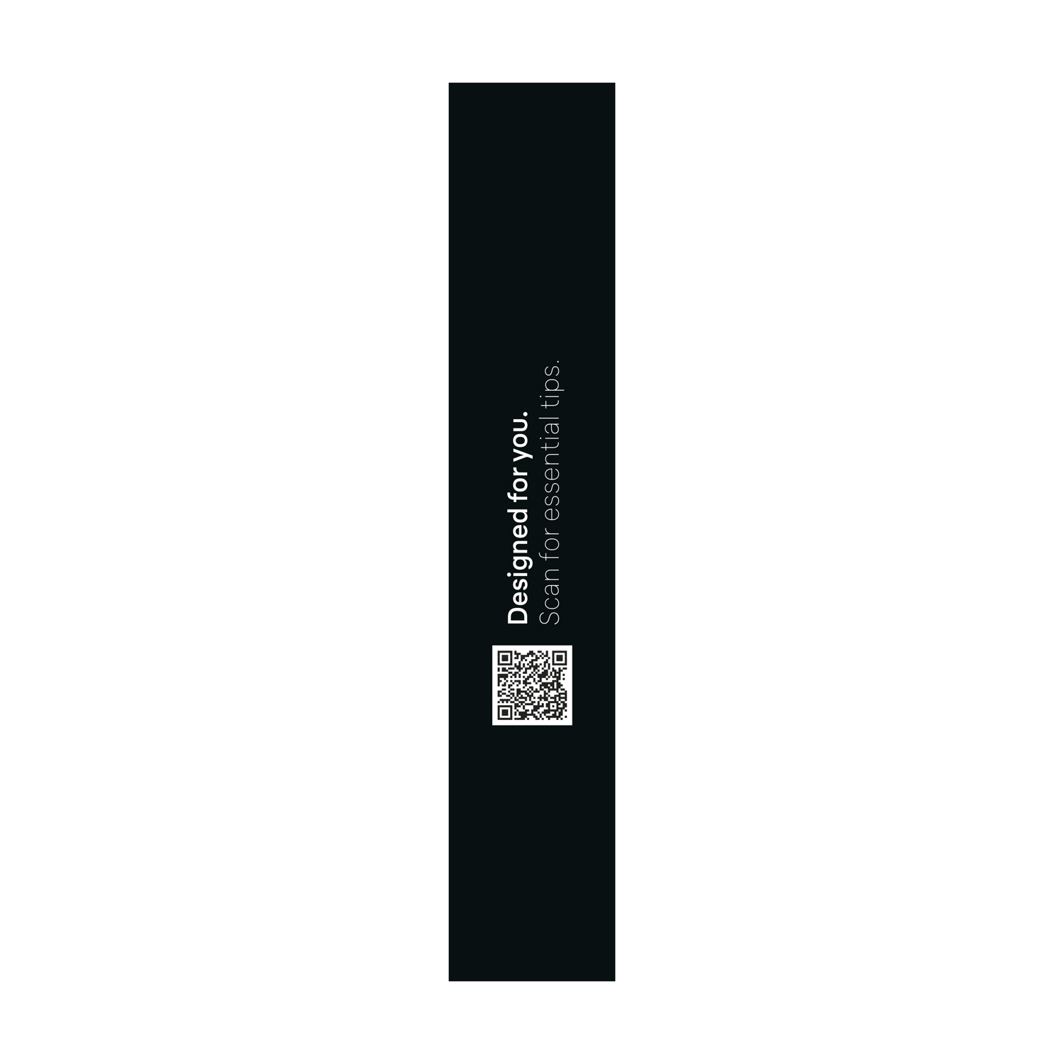 Un banner verticale nero con testo bianco e un codice QR.
