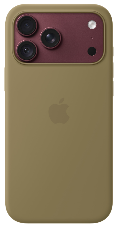Tył oliwkowego iPhone'a z potrójnym systemem aparatów na bordowym module aparatu.