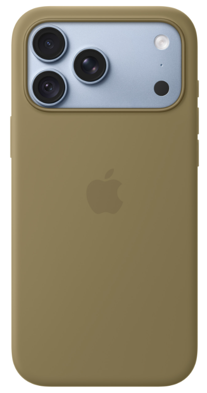 Oliwkowy iPhone z potrójnym aparatem i logo Apple w pasującym etui.