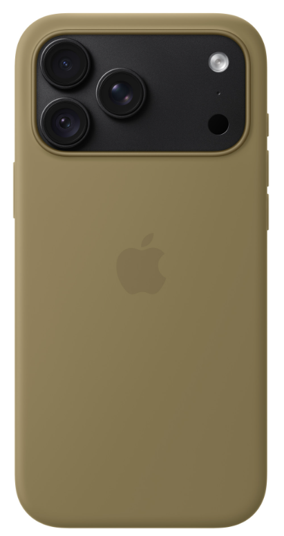 Tył beżowego smartfona z potrójnym aparatem i logo Apple.
