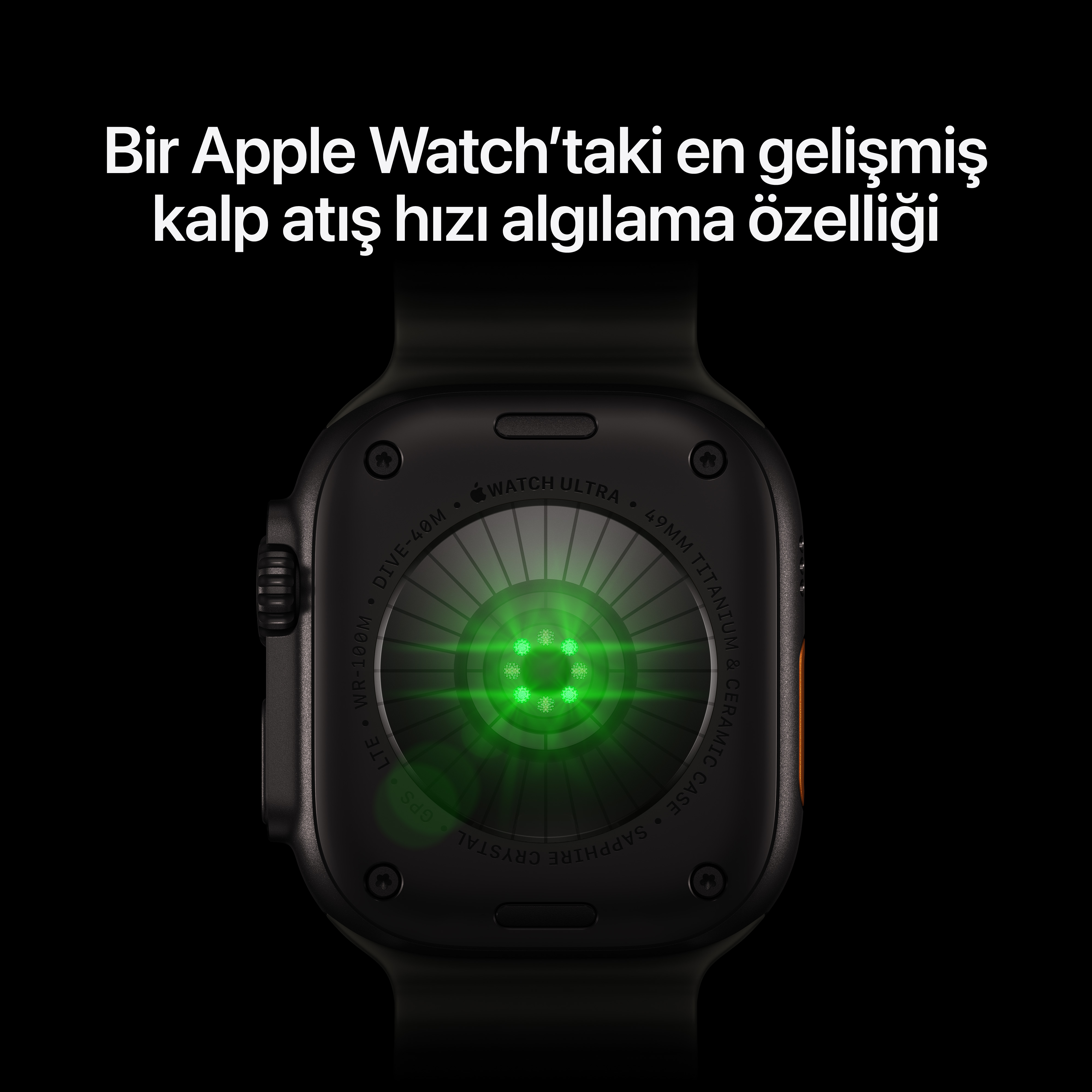 Yeşil sensör ışığı ve üstte Türkçe metin bulunan Apple Watch'un arkası.