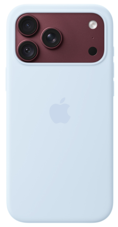 Jasnoniebieskie etui na iPhone'a z ciemnoczerwonym modułem aparatu i logo Apple.