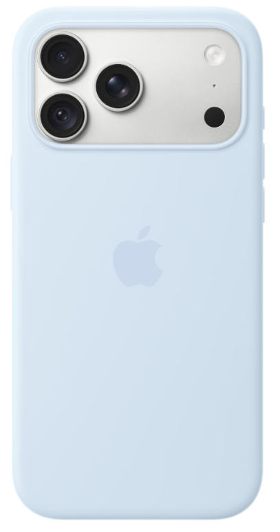 Jasnoniebieskie etui na telefon z logo Apple i potrójnym aparatem z tyłu.