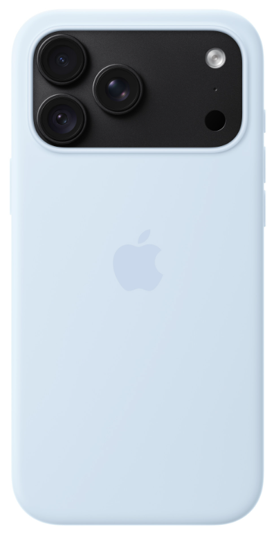 Tył jasnoniebieskiego iPhone'a z trzema aparatami i logo Apple.