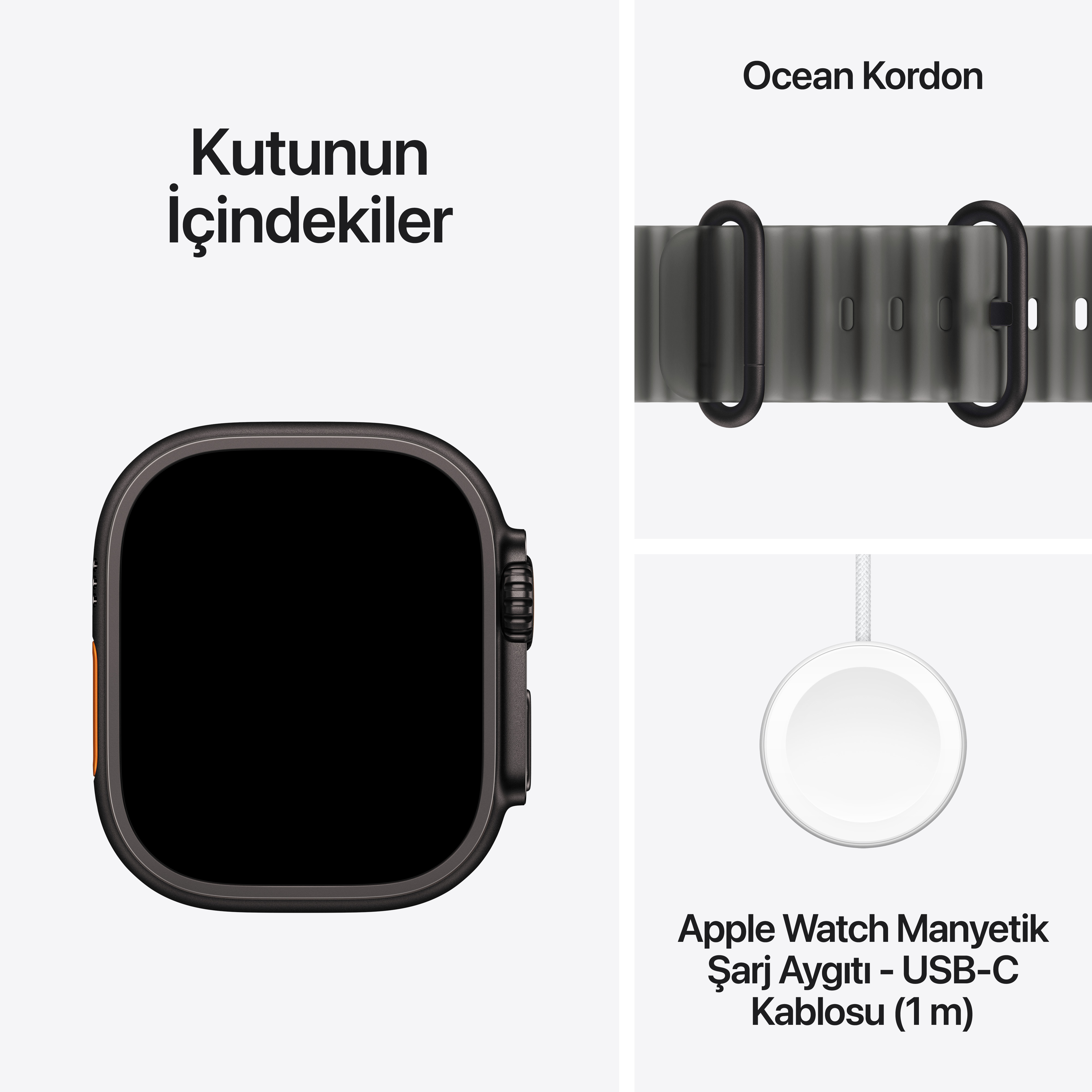 Kutunun içindekiler: Apple Watch Ultra, Okyanus Kordonu ve Manyetik USB-C Şarj Kablosu.