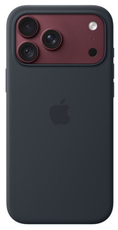 Tył czarnego iPhone'a z czerwonym modułem aparatu i trzema obiektywami.