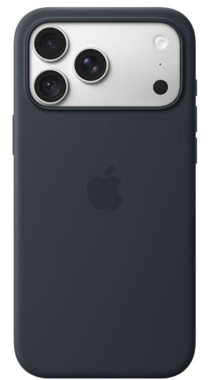 Tył ciemnoszarego iPhone'a z dużą srebrną wyspą aparatu u góry i logo Apple pośrodku.