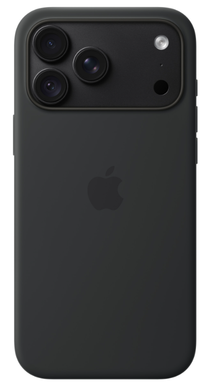 Tył czarnego iPhone'a z trzema obiektywami aparatów i logo Apple pośrodku.