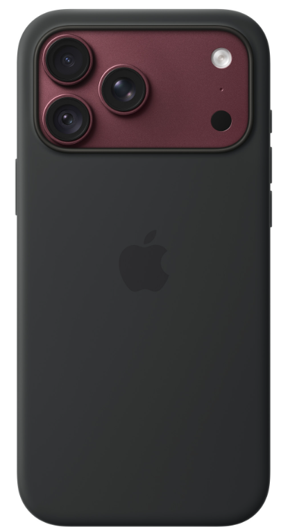 Czarny smartfon z ciemnoczerwoną wyspą aparatów z trzema obiektywami i lampą oraz logo Apple.