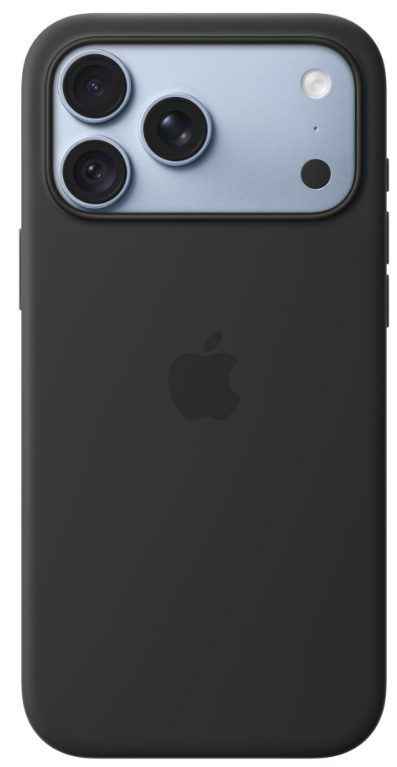 Tył czarnego iPhone'a w etui, z jasnoniebieską wyspą aparatu z trzema obiektywami.