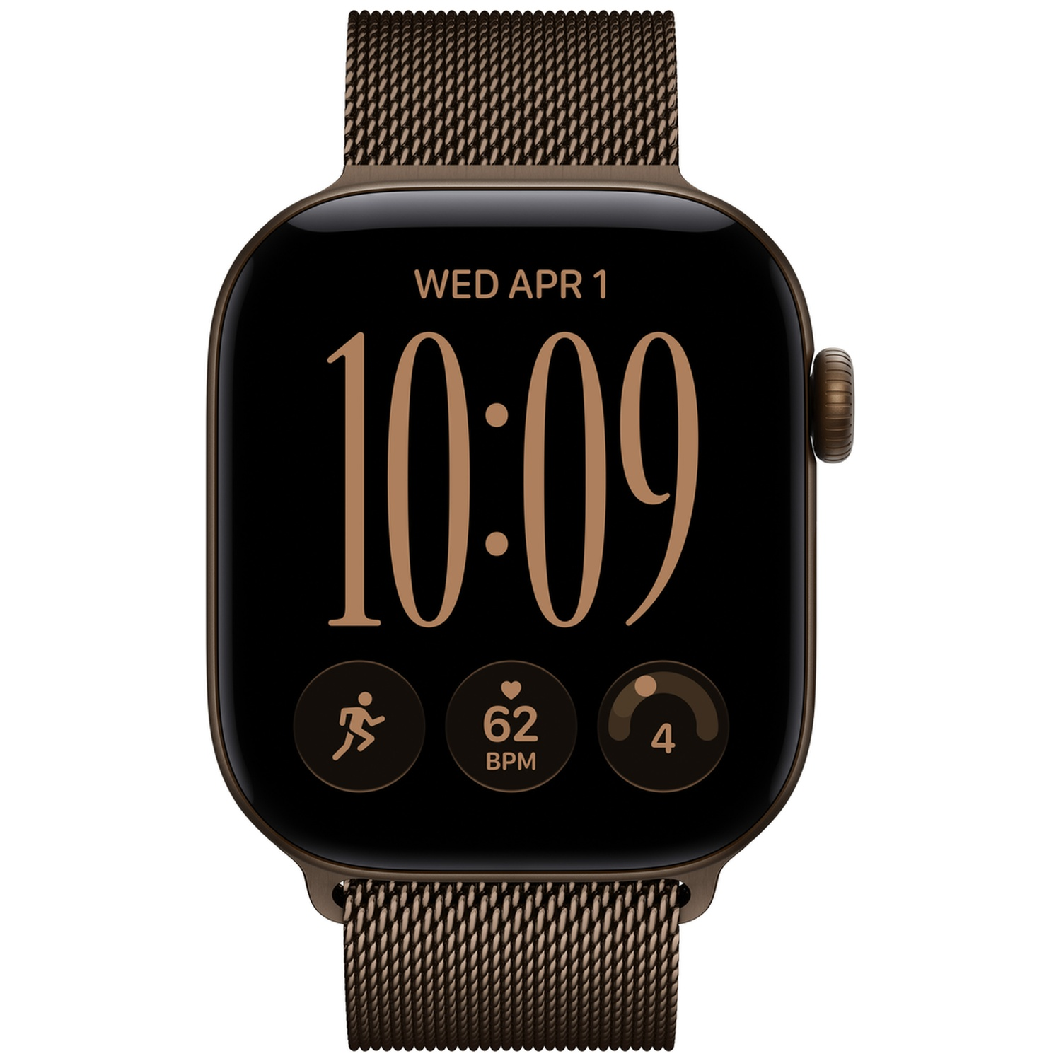 Een bruine smartwatch met metalen band toont de digitale tijd 10:09 en activiteitsgegevens.