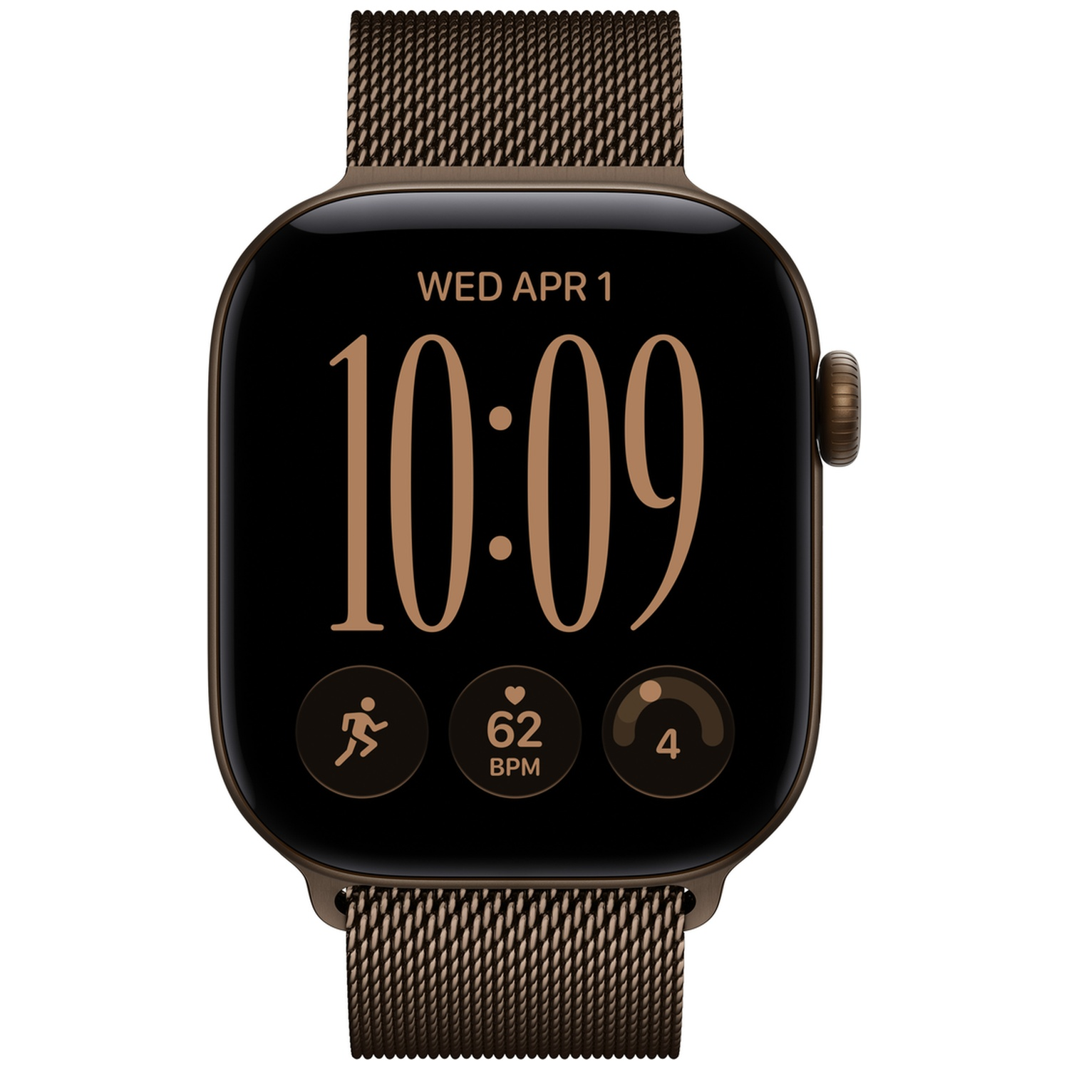 Een bruine smartwatch met metalen band toont 10:09 en fitnessgegevens op het zwarte scherm.