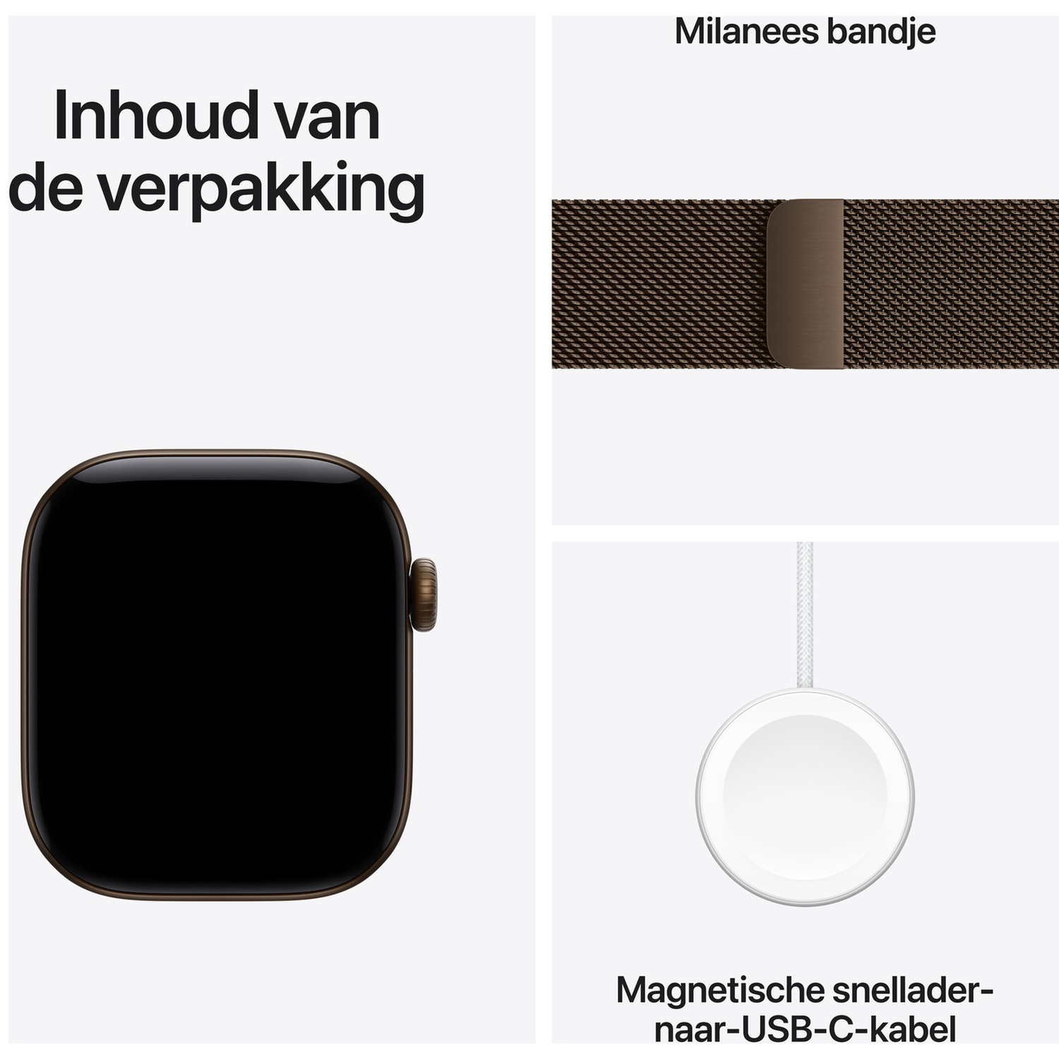 Inhoud van de verpakking met een smartwatch, een bruine Milanese band en een magnetische snellader-naar-USB-C-kabel.