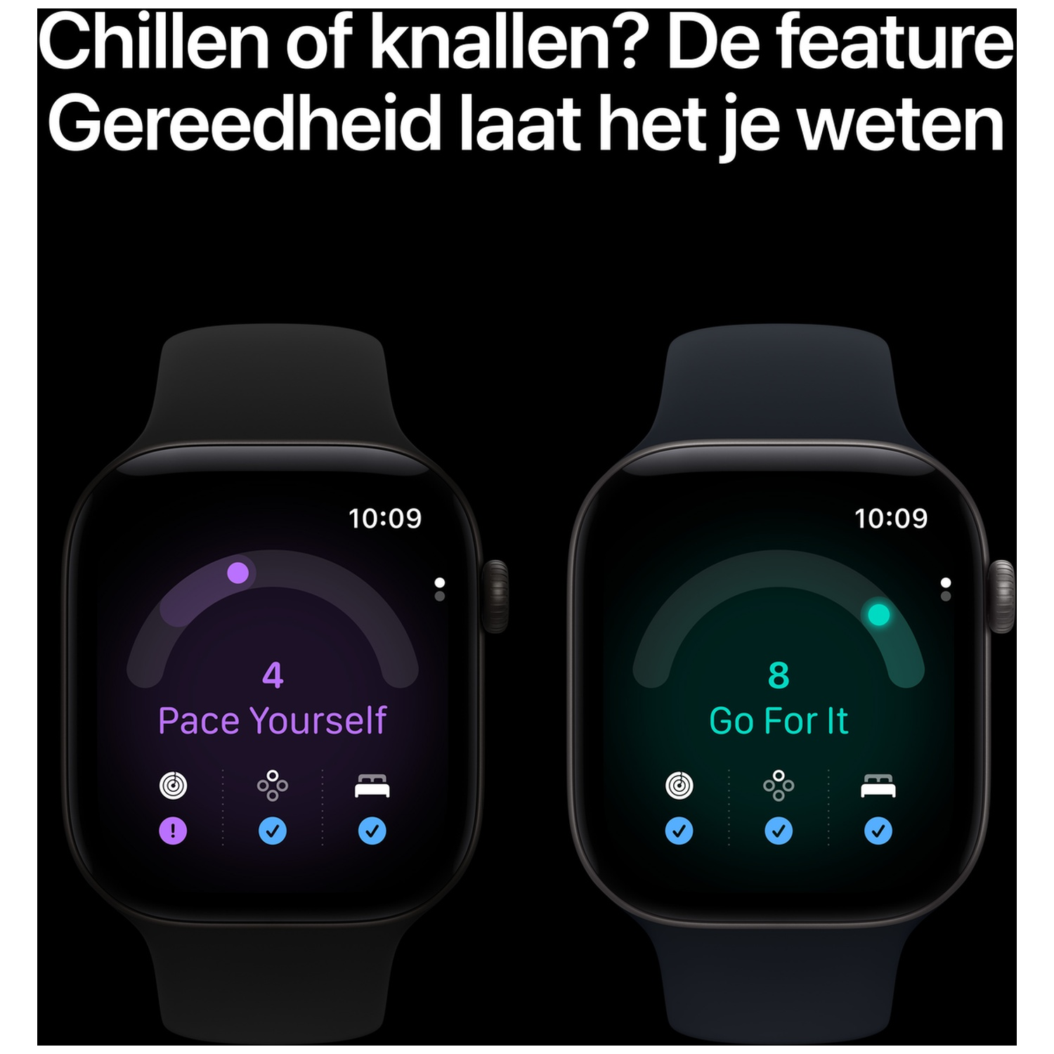 Twee smartwatches tonen fitnessmetingen met de teksten Pace Yourself en Go For It.