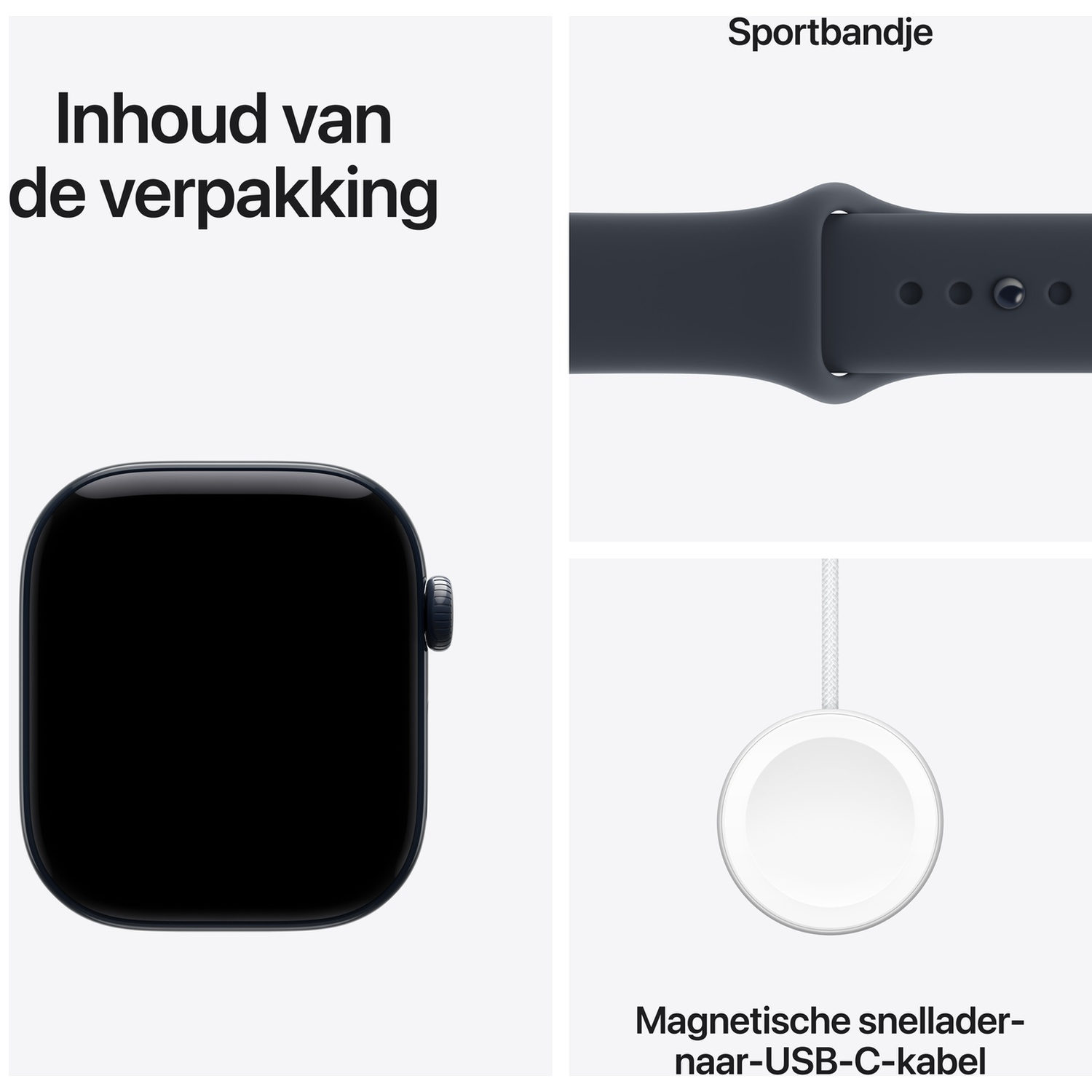 Inhoud van de verpakking: Apple Watch-kast, sportbandje en magnetische USB-C-snellaadkabel.