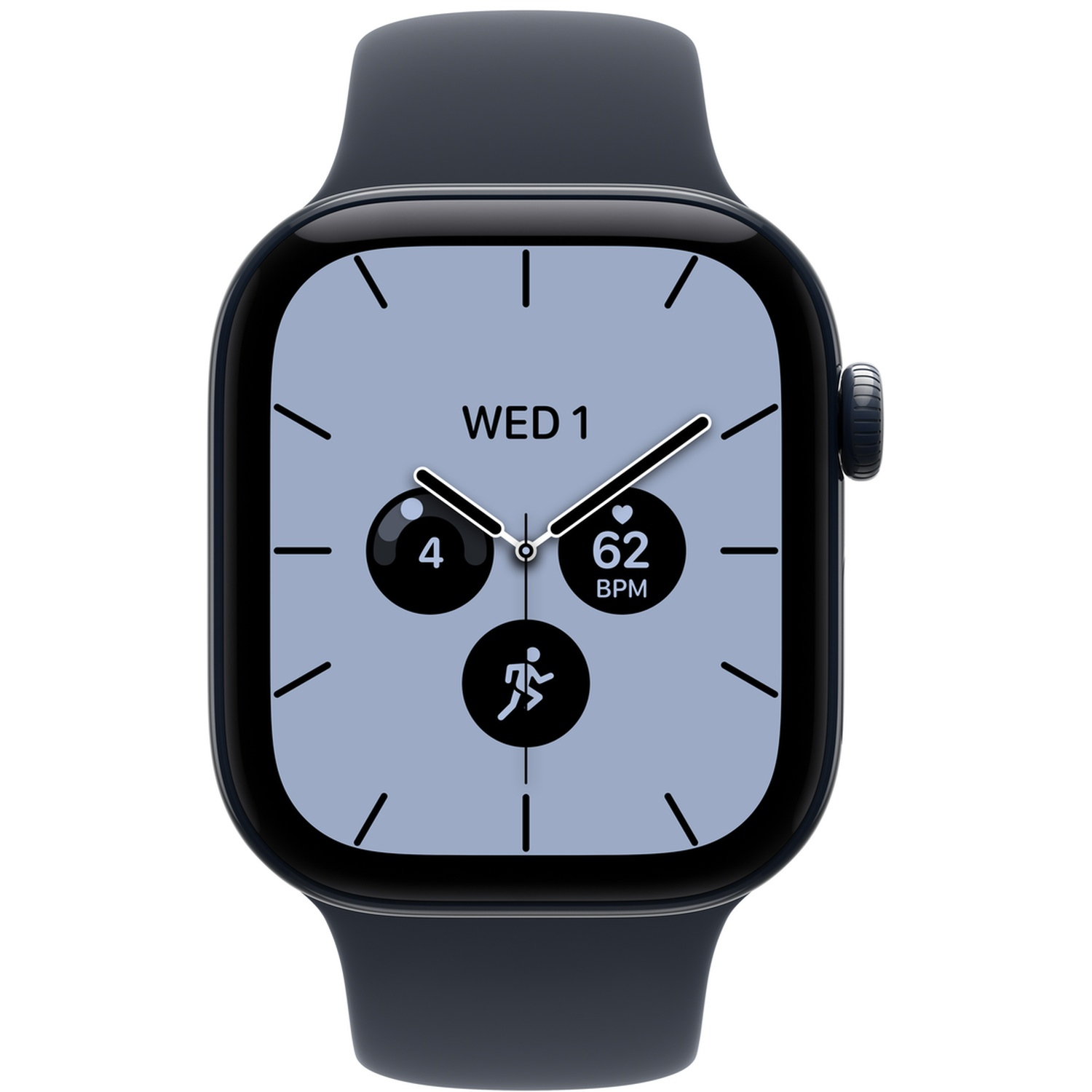 Een zwarte smartwatch met een analoge wijzerplaat die woensdag 1, de datum, hartslag 62 BPM en een hardlooppictogram weergeeft.